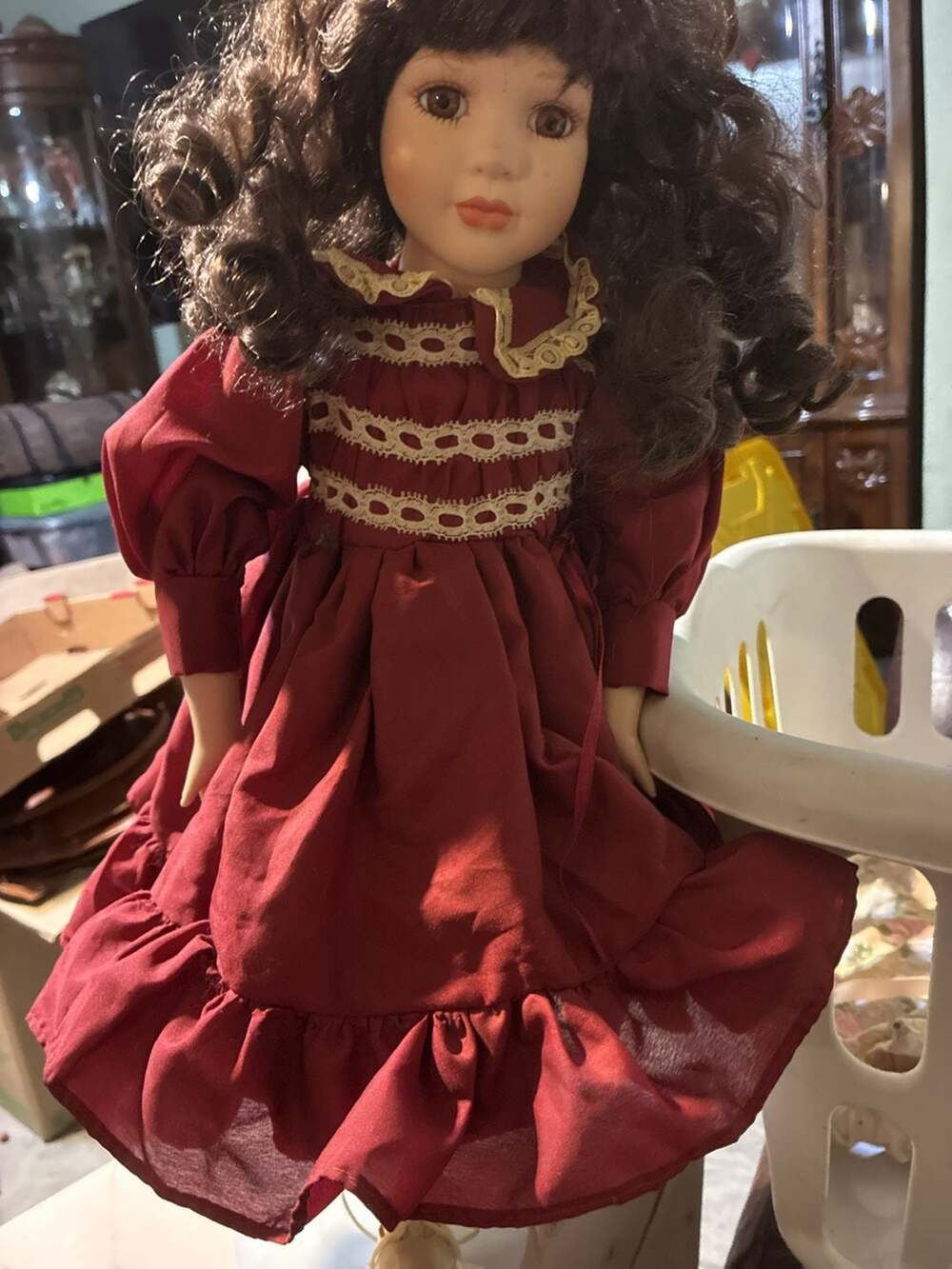 Vintage Porcelain Doll in Maroon Dress with Lace Detail